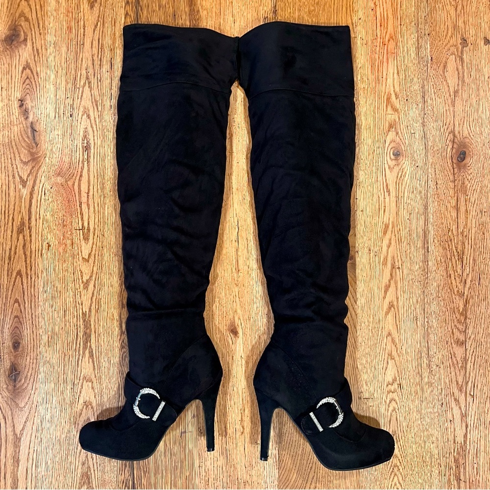 Black suede Thigh High (or knee-tops can fold down)